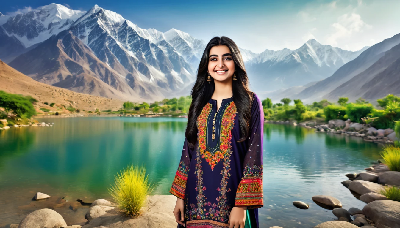 "A photorealistic portrait of a 21-year-old Pakistani girl smiles at the camera with long, straight black hair and deep black eyes, dressed in a colorful shalwar qameez, full body shot, 8k hdr, high detailed, lot of details, high quality, she should have a warm and welcoming expression, standing gracefully by a serene lake surrounded by majestic mountains and lush greenery."