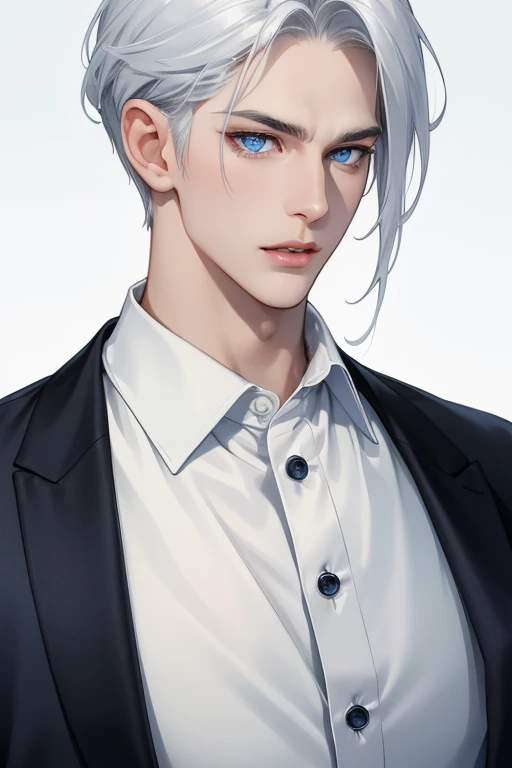 Boy, silver hair, blue eyes, serious sharp features, white skin, shiny lips, handsome, perfect, formal suit