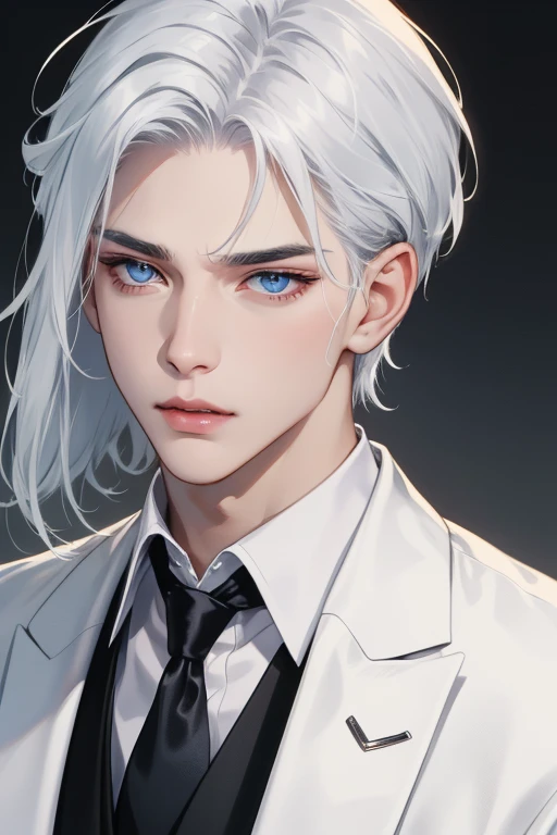 Boy, silver hair, blue eyes, serious sharp features, white skin, shiny lips, handsome, perfect, formal suit