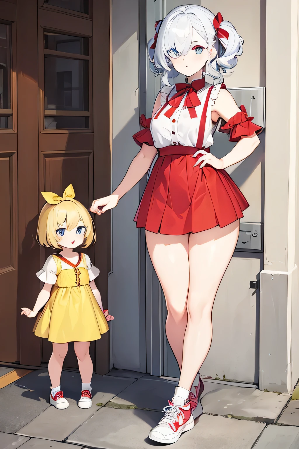 1 girl, pale skin, one eye blue and the other red, short stature, big chest, big butt, thick legs, small waist, short curly shoulder length white hair, wearing a cute yellow dress, with sneakers of the same color, and a ribbon in the hair of the same color