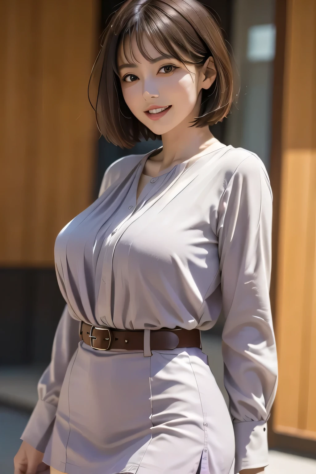 Soft Light, (((short hair:1.3), Short bangs, Floating Hair NovaFrogStyle)), ((The ultimate beautiful Japanese wife)), 50 generations, Detailed eyes, (Big eyes:1.3), Detailed lips, Highly detailed eyes and face, Beautifully detailed nose, Beautiful attention to detail, Long eyelashes, Light on the face, (Lips apart:1.2), (Beautiful white teeth:1.3), Mature Face, ((Big ample breasts)), Realistic face, Realistic body, Beautiful and exquisite thighs, (Light purple blouse:1.4)、(red tight micro miniskirt:1.4)、Thighs Thighs Thighs Thighs、(Cowboy Shot:1.3), ((Depth of written boundary))、background：((Ginza City, Tokyo))、(RAW Photos, Highest quality), (Realistic, Photorealistic:1.3), Tabletop, Very delicate and beautiful, Very detailed, Hmph, Unity , 2k wallpaper, wonderful, Fine details, Light Smile, Highly detailed ticker Unity 8k wallpaper, Huge file sizes, Very detailed, High resolution, absurdes,