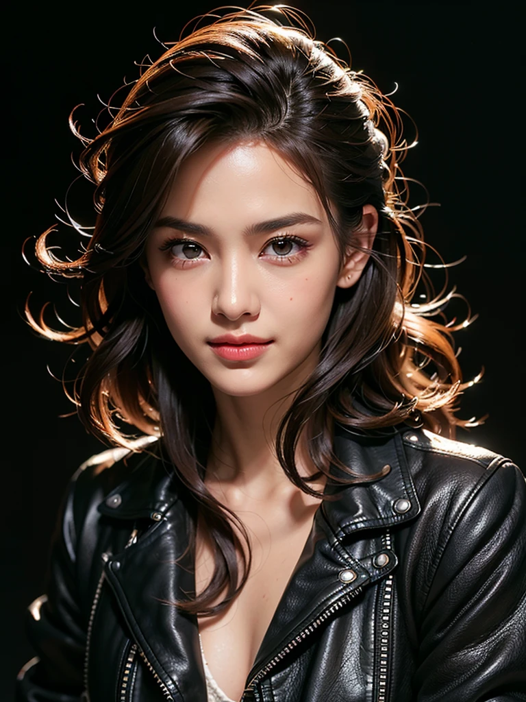 Black background、Tabletop、Highest quality、Realistic、Very detailed、Attention to detail、High resolution、8k wallpaper、One beautiful woman、light brown disheveled hair、(((Short biker jacket on the skin)))、、Sharp focus、Perfect dynamic composition、Beautifully detailed red eye、Detailed Hair、Detailed and realistic skin texture、smile、model&#39;Body Type、、Punching style