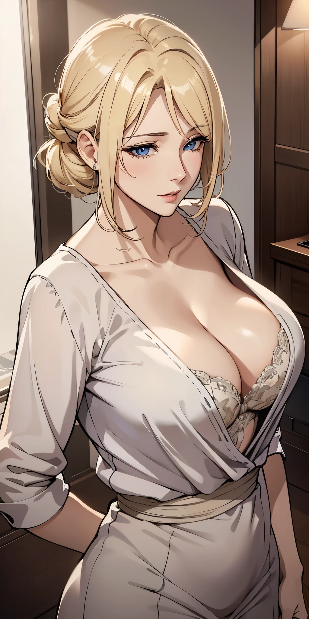 Seductive mature woman, milf, blue eyes, blonde hair, soft light, 4k resolution, high quality, beautiful cg