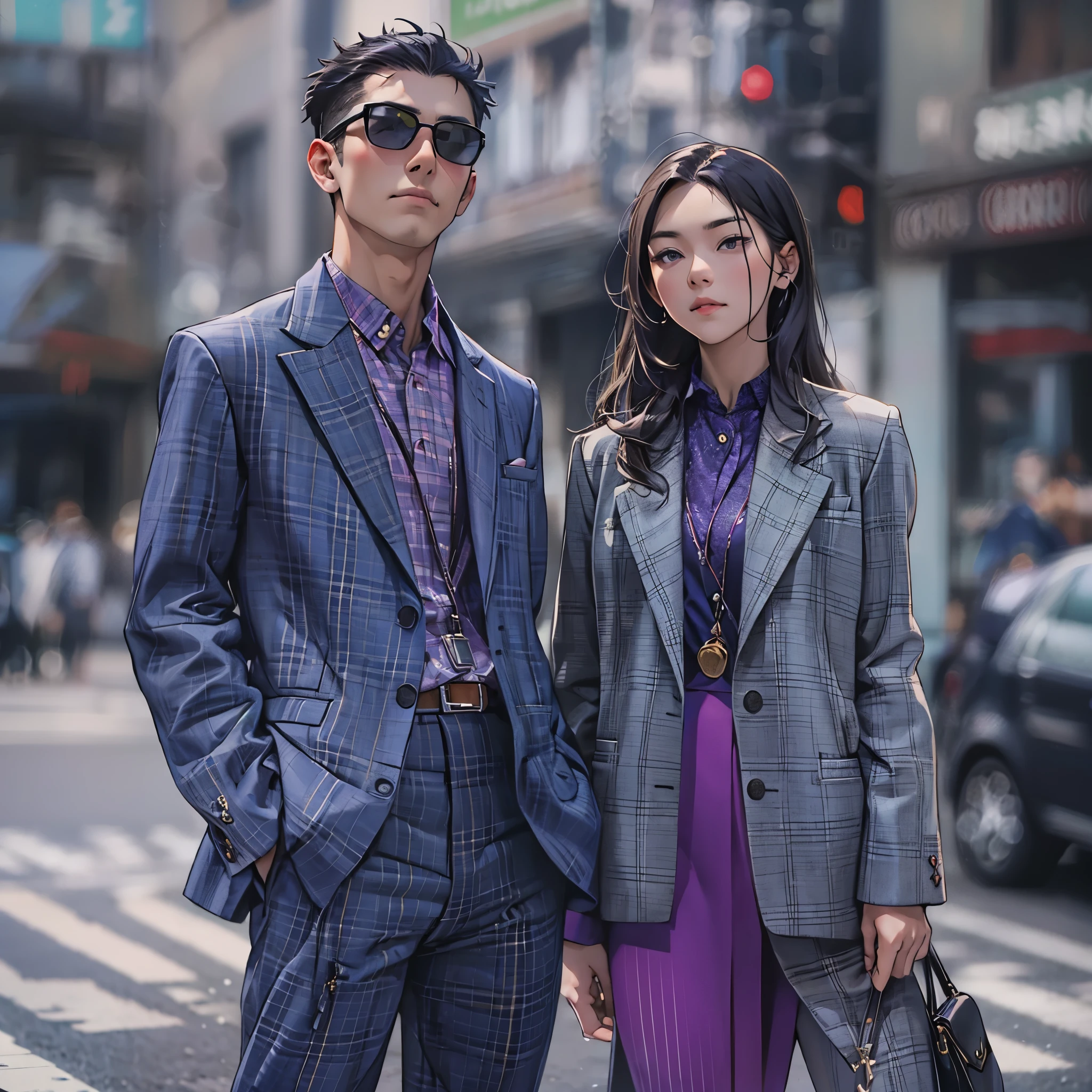 Imagine an MBTI debater、A man and a woman dressed in purple standing coolly in the street。Stylish and cool、Pose like a fashion model。