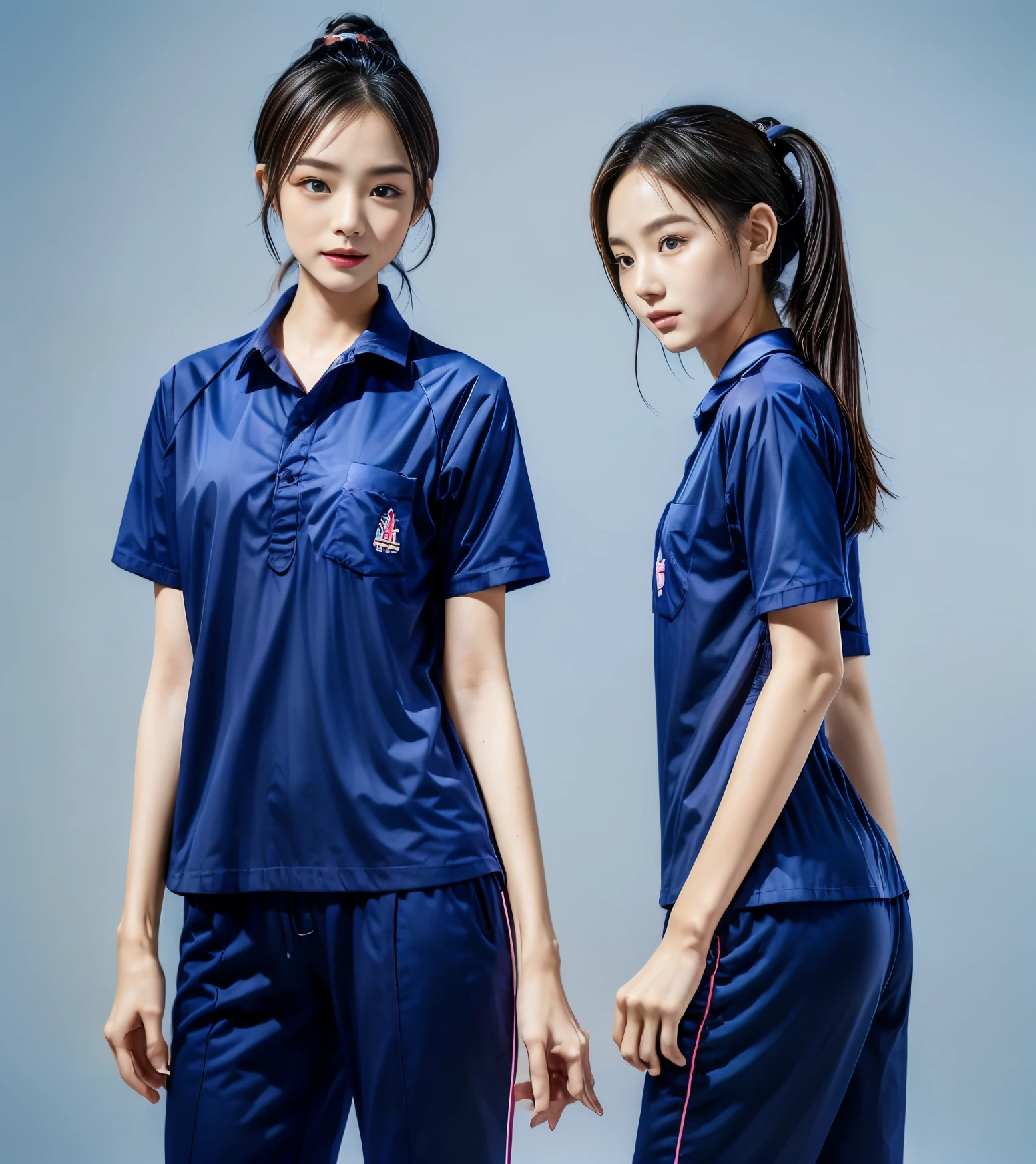 (best quality,10,10,height,Masterpiece:1.2),Special details,(realistic,ภาพrealistic,Realistic photos:1.37),1 Cute girl in the kitchen,shiny, ผิวshiny,only,smile softly,BDclothelue shirt:1.3)),short sleeve,shirt, กางเกงขาlong.,(navy_long_track pants:1.1), ((Kitchen Background)),Dynamic angle,excited,Face focus,dynamic poses,from behind,focus on ass,Masterpiece, best quality, ultra realistic, hyper detail, 8k resolution, raw photos, Sharp focus, ((Navy blue shirt:1.1)), short sleeve, เส้นทางlong, perfect body, 2 mature women, 18 years old, Cinema-grade lighting system,blue sweatpants,shirtผ้าออกกำลังกาย,correct anatomy,perfect body, correct body, Sharp face, correct bodyทางกายวิภาค, full body, realistic gestures, long-haired, realistic poses,Wear long shorts...........................,ช่วงขาlong,Good shape,carved girl, Slender figure, model, Good shape, beautiful body,blue sweatpants, two girls kissing