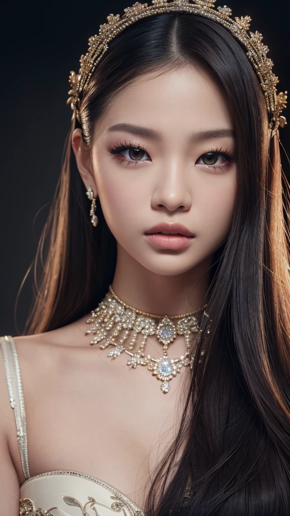 a intricate detailed portrait of Jennie from Blackpink, 1girl, beautiful detailed eyes, beautiful detailed lips, extremely detailed face, longeyelashes, glamorous elegant pose, high fashion, luxury jewelry, soft dramatic lighting, cinematic camera angle, dark moody color palette, high contrast, photorealistic, (best quality,4k,8k,highres,masterpiece:1.2),ultra-detailed,(realistic,photorealistic,photo-realistic:1.37)