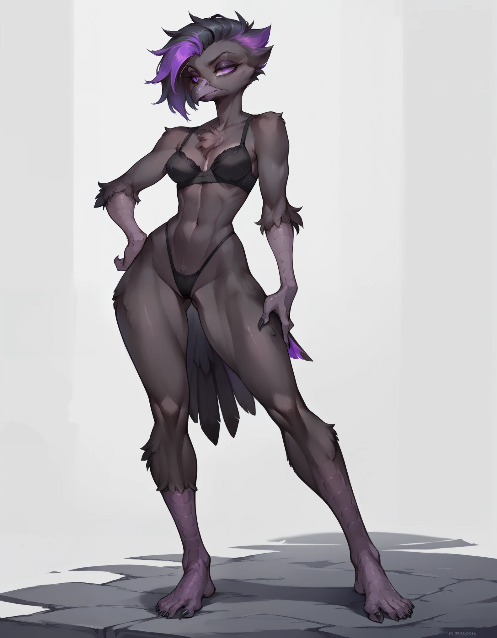 score_9, score_8_up, score_7_up, source_anime, sera, Anthro black avian, puffed up feathered chest fluff, purple eyes, tall slender body, black hair with purple highlights, female, wearing black bra, black thong, tall and slender body, barefoot, 5 toes, bored expression, one hand on hip, white background, full body shot
