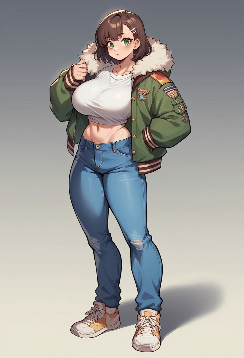 Tall girl 190, dark green eyes, brown shoulder-length hair, Body type: relatively thin, breast size 5. Clothes - white T-shirt, top bomber dawn khaki - spotted, coloring similar to military uniform, The bomber jacket has only three colors, and everyone is green: one light, the second is neutral, and the second one is dark, bomber jacket unbuttoned, Blue Skinny Jeans with Navy Sneakers, full length, high quality