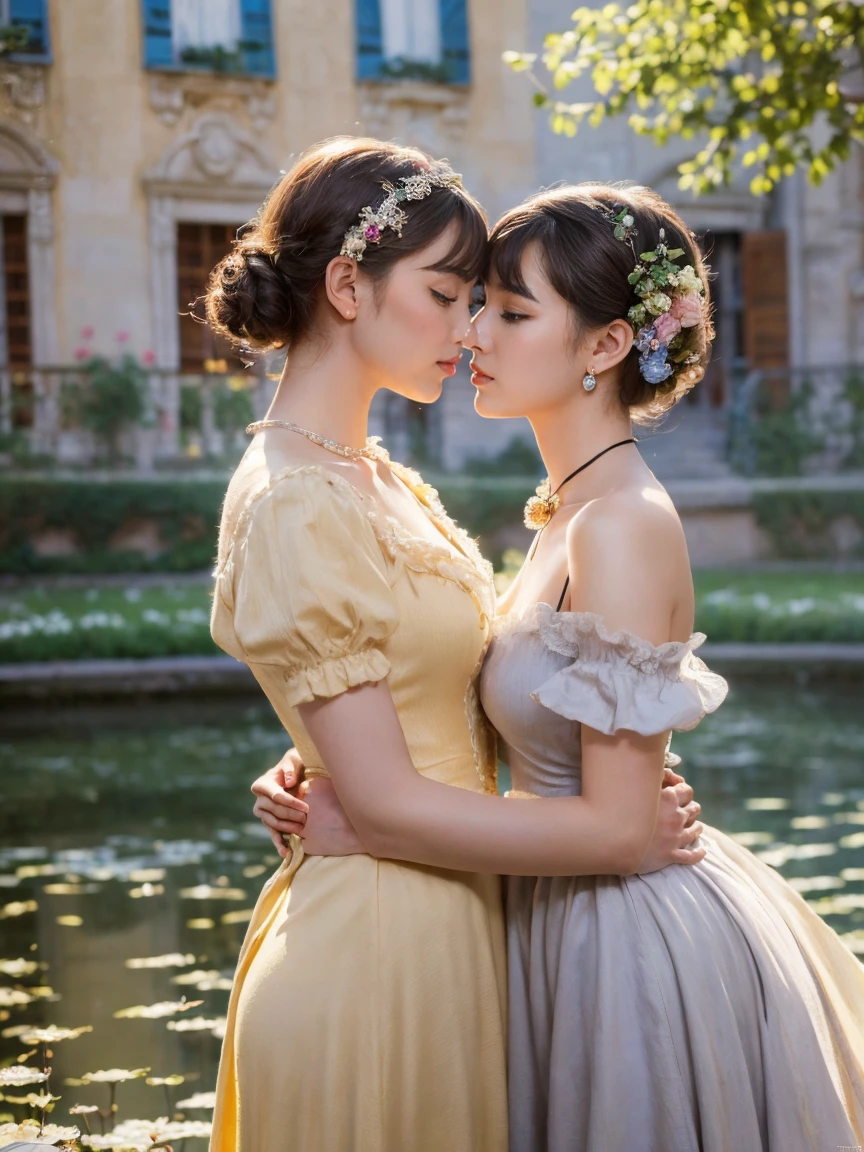 two women in dresses standing next to each other in front of a tv, pov, two girls, annoying sister vibes, lesbians, cute girls, gen z, looking this way, pov shot, two models in the frame, sisters, hd, they are very serious, lesbian, multiple, 2 sisters look into the mirror, serious faces, photo shoot, kissing each other in mouth, tongue, saliva, smirking lustful smile, girlfriends kiss, love, steam
