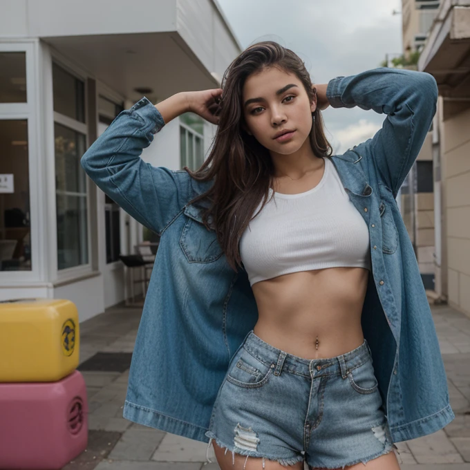 girl, mexican,slim build, Height 1.69 meters, with hip hop clothes, beauty, with a somewhat voluminous body.