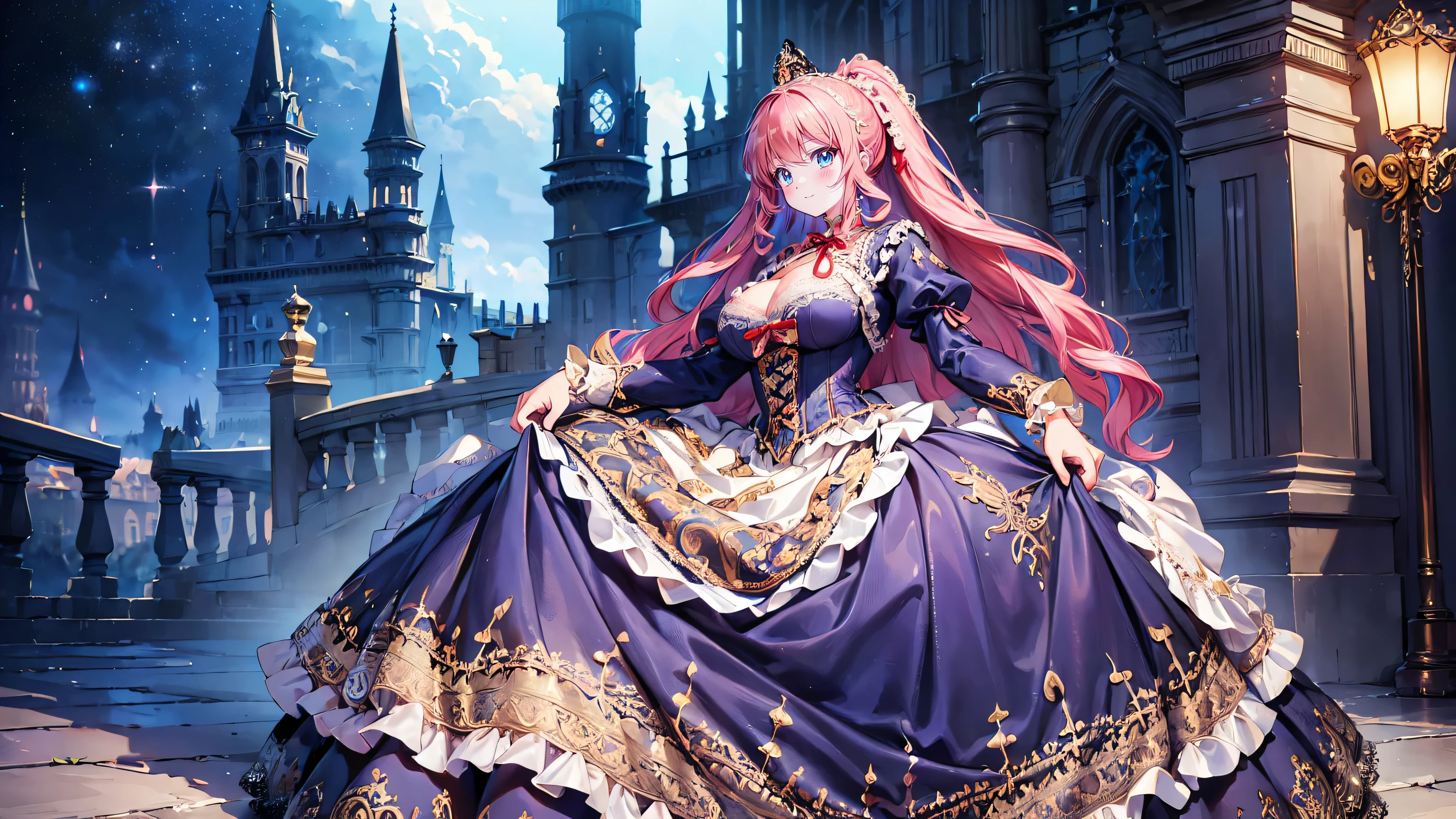 ((Superbly detailed drawing, ultra detailed, exquisite quality, absolutely resolution)), (((young face solo princess))), (((Unsurpassed gorgeous rococo victorian gown with voluminous huge hoopskirt and long hems, princess style skirt:1.5))), ((transparency gown, fluffy and full of pleats skirt:1.3)), (Super detailed and intricate exquisite design gown:1.5), ((overwhelming amount many ruffles with ribbons with intricate lace with Super detailed and intricate embroidery gown:1.9)), ((huge breasts, breasts cleavage)), (ponytail, fluffy long Expressive, hair pink hair), super voluminous long hair, hair ornament tiara, happy smile, (((curtsey:2))), (blurry background, depth of field:1.5), super detailed skin, super delicate and beautiful face, (eyes blue eyes), (backlighting, particle effect, caustics), (((sharp focus))), ((fog city, fantasy castle,  night sky)), (fisheye lens:0.9), (magnificent panorama view, dynamic angle:1.3), ((full body)), 