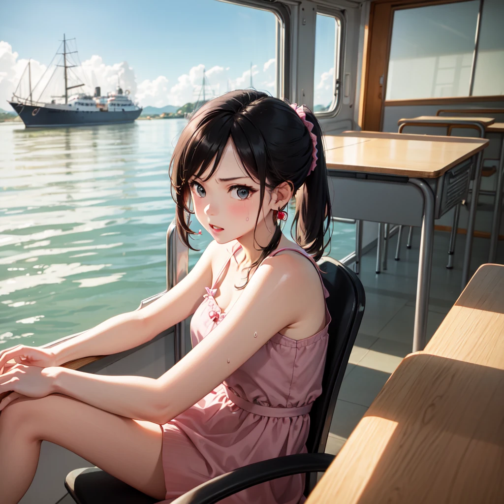 masterpiece、Highest quality、Earrings、Pink Dress、Black Hair、Small breasts、girl、One person、Upper Body、hot、Sweat a lot、Sitting、ponytail、looking at the camera、classroom、Boat、Cruiser、Sitting、Angry