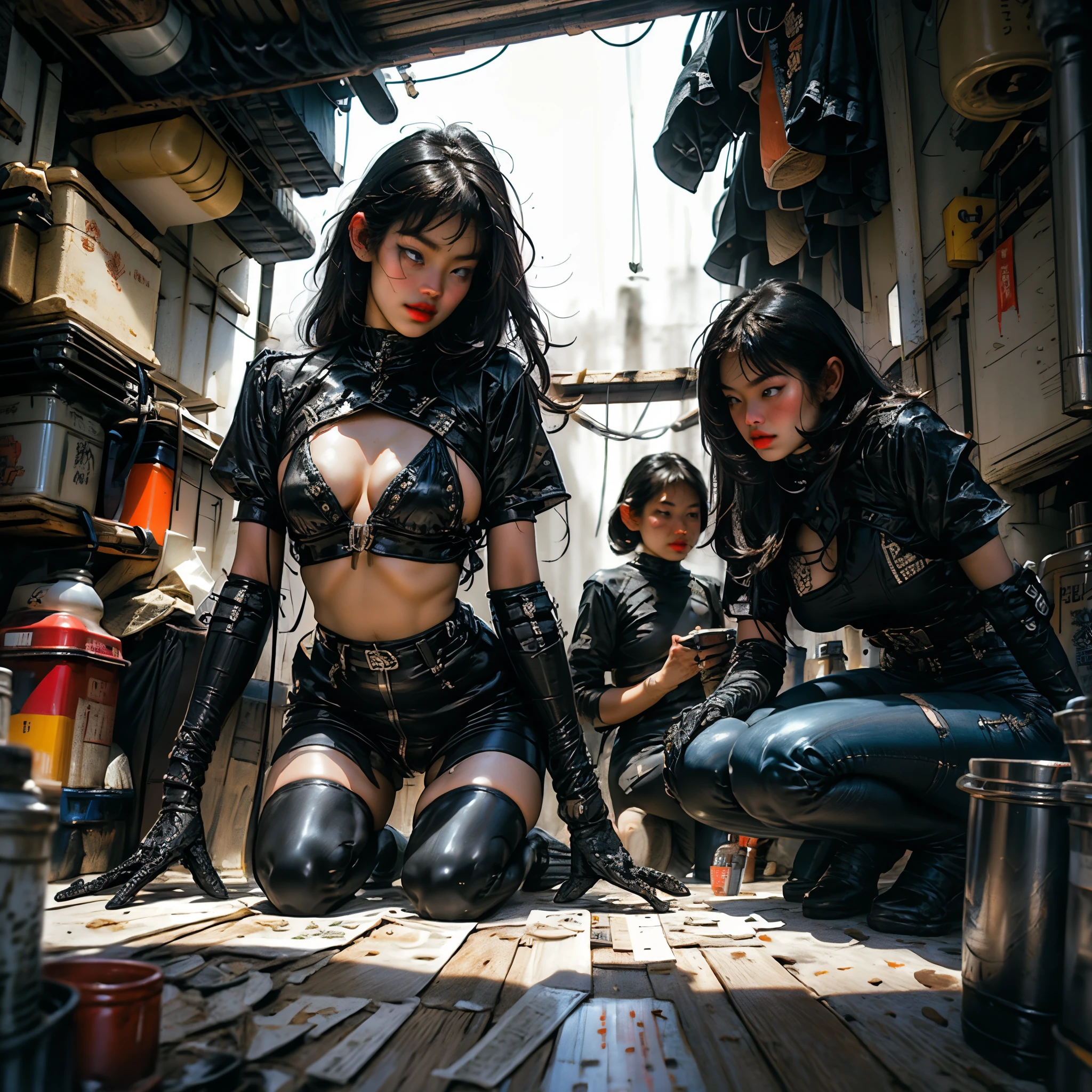 (very thin and skinny young Japanese girl, teenager, innocent but deadly)(tiny tits)(Tokyo slums) (hairy black pussy), nsfw, lurid and vivid colors and tones, volumetric lighting, exploitation vibe, Tarantino aesthetic, retro, vintage, HD, 8x, intricate, sleazy erotic Japanese aesthetic, porno fumetto vibe, by Frazetta, by Jean Giraud, by Moebius, intricate details, classic masterpiece, crimson blood, semen, cum-shot,