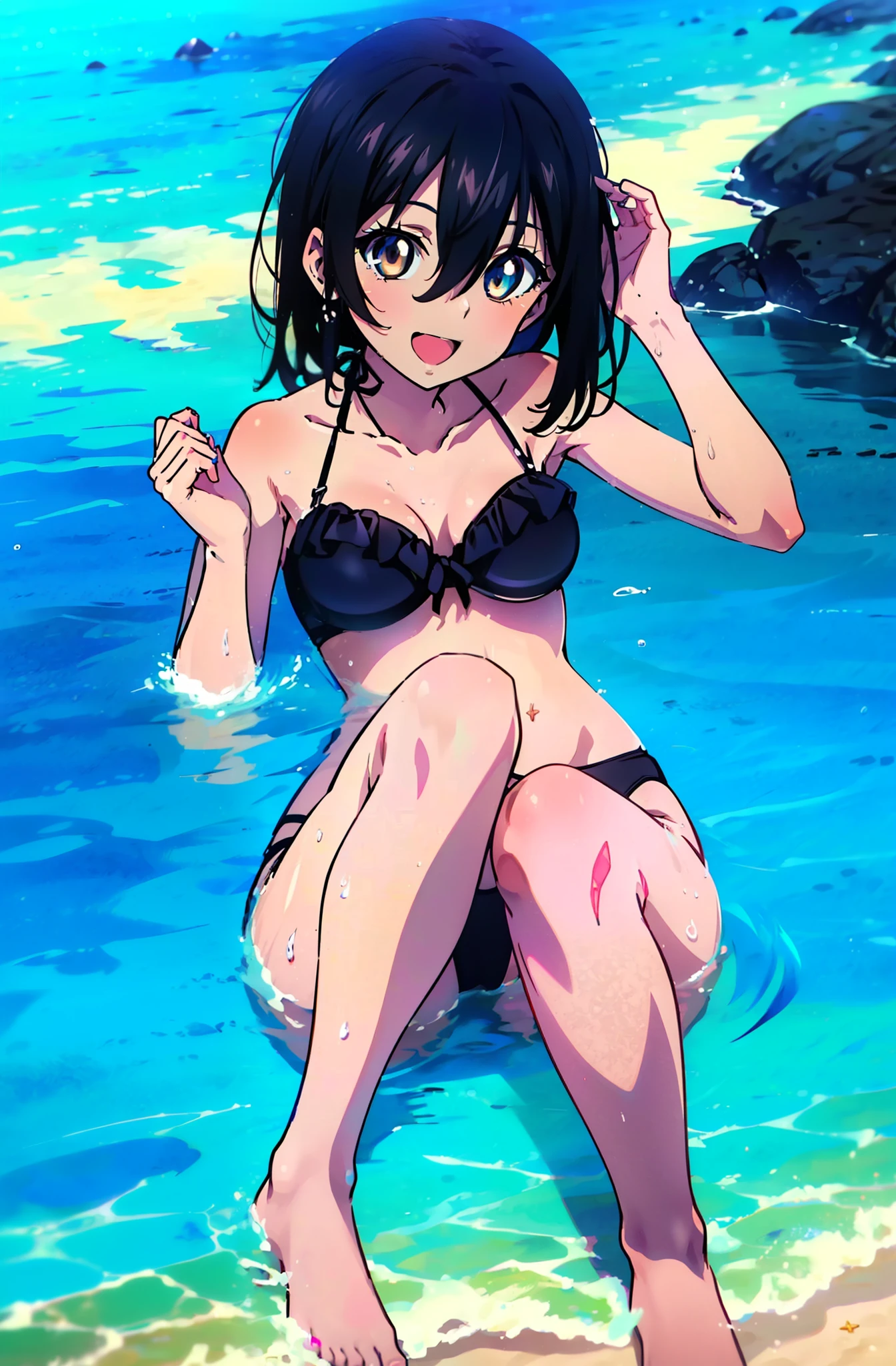 Himeragi Yukina, One Girl,Brown eyes, Black Hair, Hair between the eyes, Medium Hair, Mid-chest,happy smile, smile, Open your mouth,Black bikini swimsuit with frills,barefoot,Water Play,True Summer,Clear skies,Daytime, break looking at viewer, whole body, break outdoors,Beach, break (masterpiece:1.2), Highest quality, High resolution, unity 8k wallpaper, (shape:0.8), (Beautiful and beautiful eyes:1.6), Highly detailed face, Perfect lighting, Highly detailed CG, (Perfect hands, Perfect Anatomy),