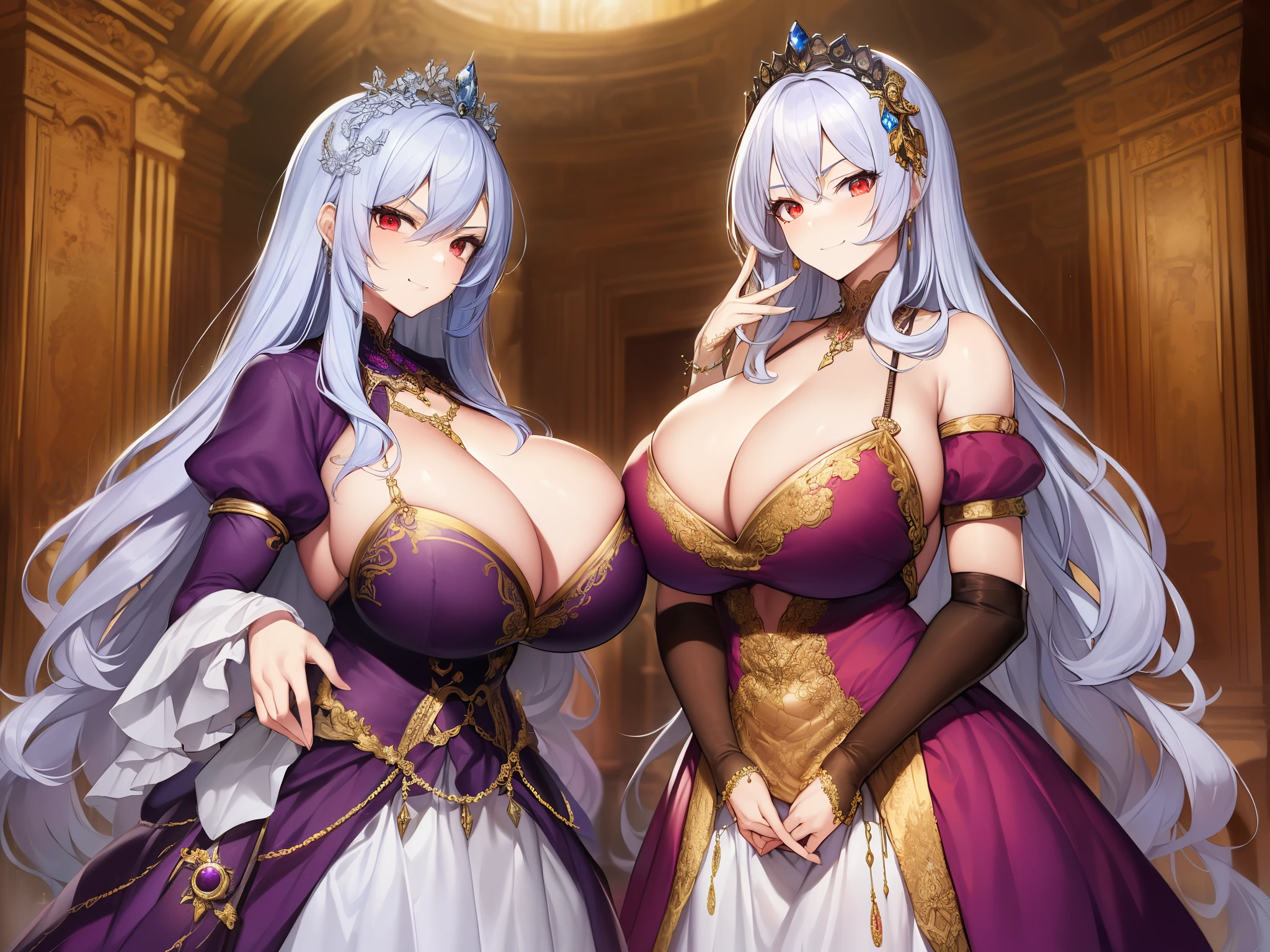 anime artstyle,((((one old mother and one age daughter with different hair colors)))),((absurdly long Straight hair,Red Eyes)),(((beautiful embroidery and jeweled gorgeous rococo ballgown with voluminous full length crinoline hoop skirt))),(((absurdly gigantic tits,curvy))),deep cleavage,Skindentation,((detailed face and eyes)),extremely gorgeous hair ornament,((extremely gorgeous big tiara)),luxurious jewelry,((beautiful embroidery and jeweled gorgeous rococo ballgown with voluminous full length crinoline hoop skirt)),(((absurdly gigantic tits))),gorgeous palace,((standing pose)),couple focus,((((Arrogant smile))))