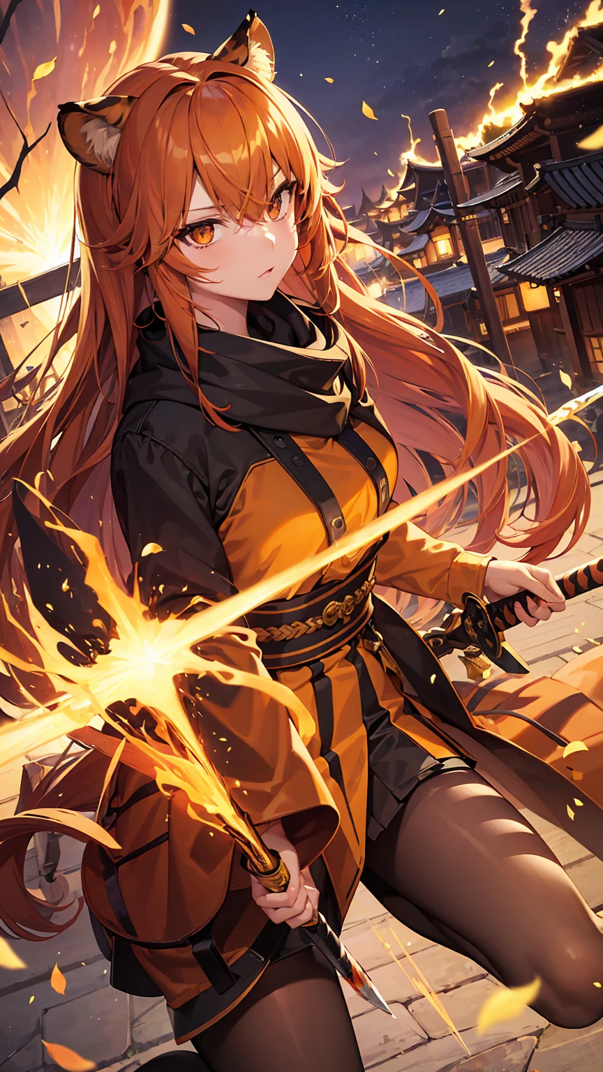 (masterpiece), best quality, expressive eyes, perfect face, details, solo, tiger girl, tiger tail, tiger ears, orange hair, long hair, bushy hair, orange eyes, assassin outfit, assassin mask, holding a sword, lightning sparks, spark of light, blood, city, japan, village, cherry blossom trees, night, moon