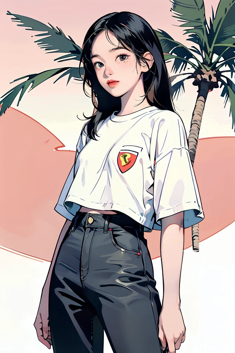 retro girl, Miami, sunset, Ferrari, palm tree, 90's, (flat colors, flat texture, lineart:1.2), graphical design, (heavy ink, ink blacks),