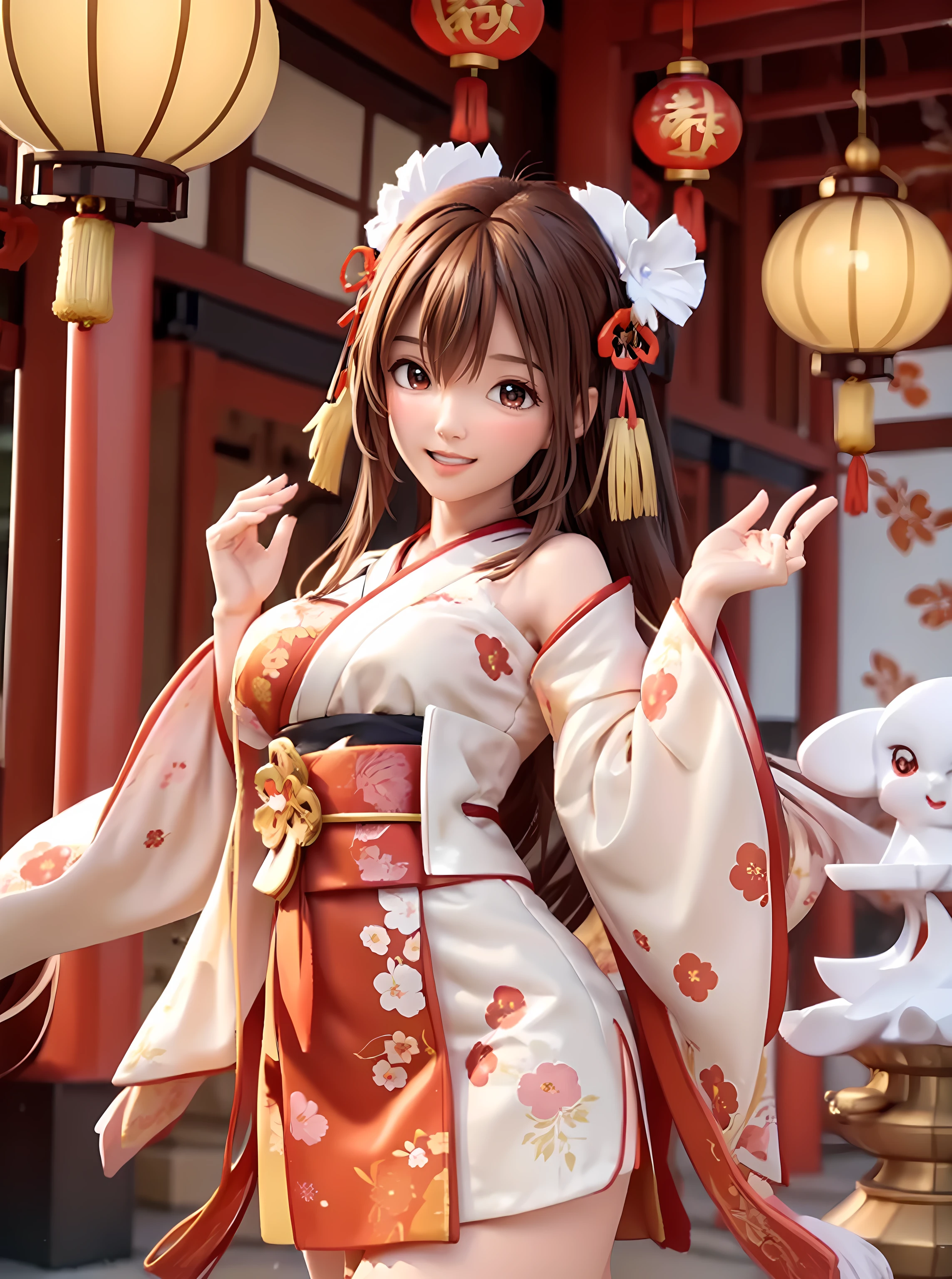 Conservative ，kimono,Greeting Cardasterpiece)，(best quality)，(official art)，(Beauty and aesthetics:1.2)，Two exquisite koi fish surround a cute ，elegant women must wear(Japanese fabric:1.2)exquisite kimono，She has brown twintails，Smiling happily to the audience，open mouth，All Greeting Cards should follow the same Japanese red solid background pattern and be complete within the image, exhibit (whole body, including legs: 1.5)，She must have a dark brown round head. Your eyes should be large and expressive，long eyelashes and rosy cheeks，Smile is delicate and white，elegant movements，Bonito Advanced Certificate, Hair texture and detailake the picture more Japanese style.The content is very detailed，alone，CNY,（fractal art：1.1），（a color：1.1）（blooming flowers：1.3），most detailed，（ tangled:1.2), (dynamic poses), (abstract background:1.3), (Japanese fabric:1.2), kimono，(skin glowing), (Many colors:1.4), Decorative painting：1.6，），brown hair,hair accessories, light,Ink painting and ink painting，ink，Double tail,Japanese clothes,red background,Big red lanterns hung high