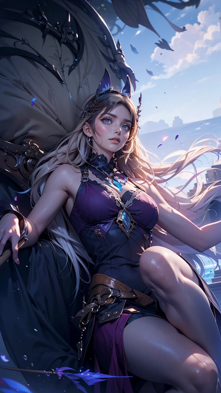24-year-old female、Sexy proportionature female body、Bleached Hair, Model pose, Delicate skin types, Light curly hair、Hair model photo、Twin tails、Orange gradient color、Scrunchies on the wrist、Sexy proportions、Off-the-shoulder tops、Navel visible、Shorts、short boots、She is a witch、Has mastered the magic of flying、Flying on a magic broomstick just above the water、Fly through the sky on a magic broom like Harry Potter、A small island on the horizon々Scattered、Clearing blue sky、