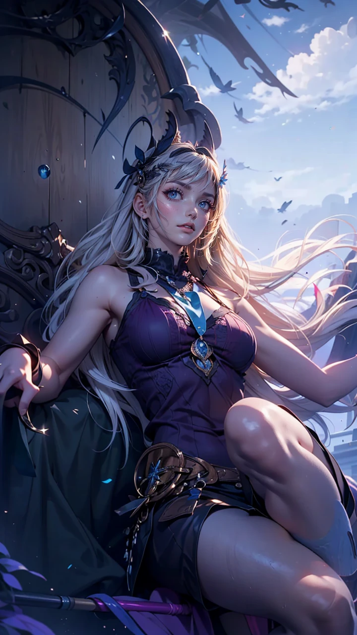 24-year-old female、Sexy proportionature female body、Bleached Hair, Model pose, Delicate skin types, Light curly hair、Hair model photo、Twin tails、Orange gradient color、Scrunchies on the wrist、Sexy proportions、Off-the-shoulder tops、Navel visible、Shorts、short boots、She is a witch、Has mastered the magic of flying、Flying on a magic broomstick just above the water、Fly through the sky on a magic broom like Harry Potter、A small island on the horizon々Scattered、Clearing blue sky、
