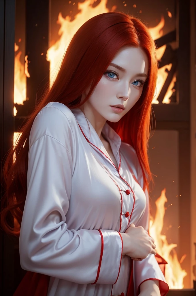 A white woman with blue eyes and redhead, she was in the middle of a fire, She was next to a man, Cao Cao, chestnut hair, lovely eyes, he wore a completely red mask, She, in the midst of the flames, wore silk pajamas.