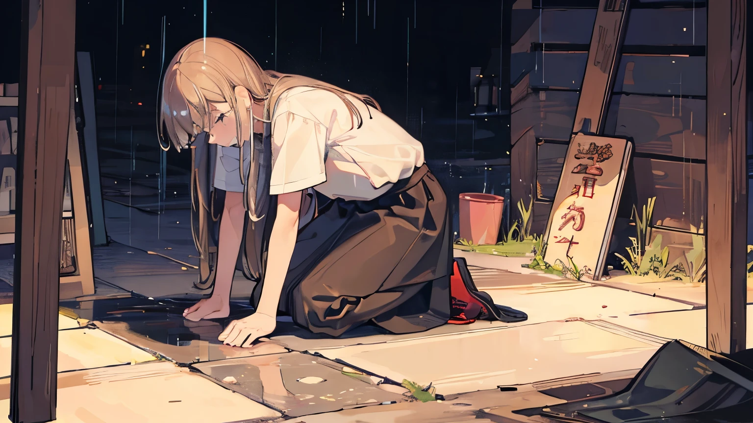 ((Masuter piece, Best Quality, High Resolution)), The setting is a dimly lit, clandestine alleyway in the heart of a bustling city. A young woman, no more than 18, stands naked, her youthful vulnerability contrasting starkly against the rugged, seasoned presence of the 60-year-old man behind her. Her legs are parted, inviting a glimpse of their intimacy, each line and curve meticulously captured in 8K resolution. The elderly man's dominated stance is a stark contrast to the teenager's delicate frame, the pain etched on her face a testament to their shared experience. Three onlookers, each armed