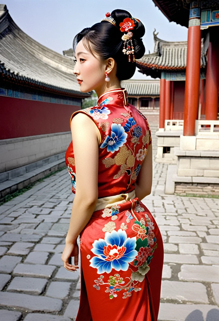 The empress of the Qing Dynasty is wearing a red floral patterned dress, posing naked with her buttocks exposed and her profile visible, outside the Qing Dynasty palace.