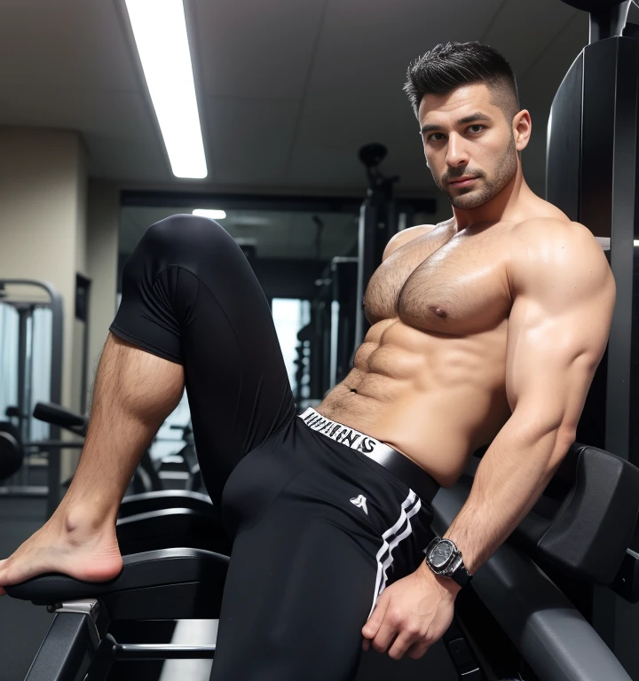 40 years old,One Man,Faces of the Turks、Black Suit,Gym、Sit on the machine with your legs wide open、muscle、chest hair、pubic hair、Solid system、Sweat、Gay ,Very Very Short Hair、Stubble,Handsome、The crotch area is bulging。Hermes Belt。