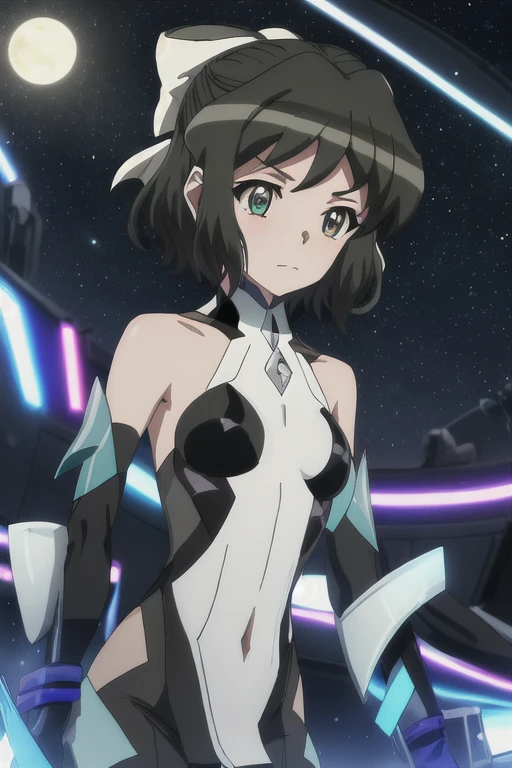 Highest quality, masterpiece, High resolution, 一人in, {kohinina_Miku_Symphogear:1.15}, short_hair, black_hair, green_eye, bow, ribbon, hair_bow, hair_ribbon, One girl, Shine, null, Bodysuits, night, night_null, red_eye, Shine_eye, Looking_in_Audience, star_\(null\), cloud