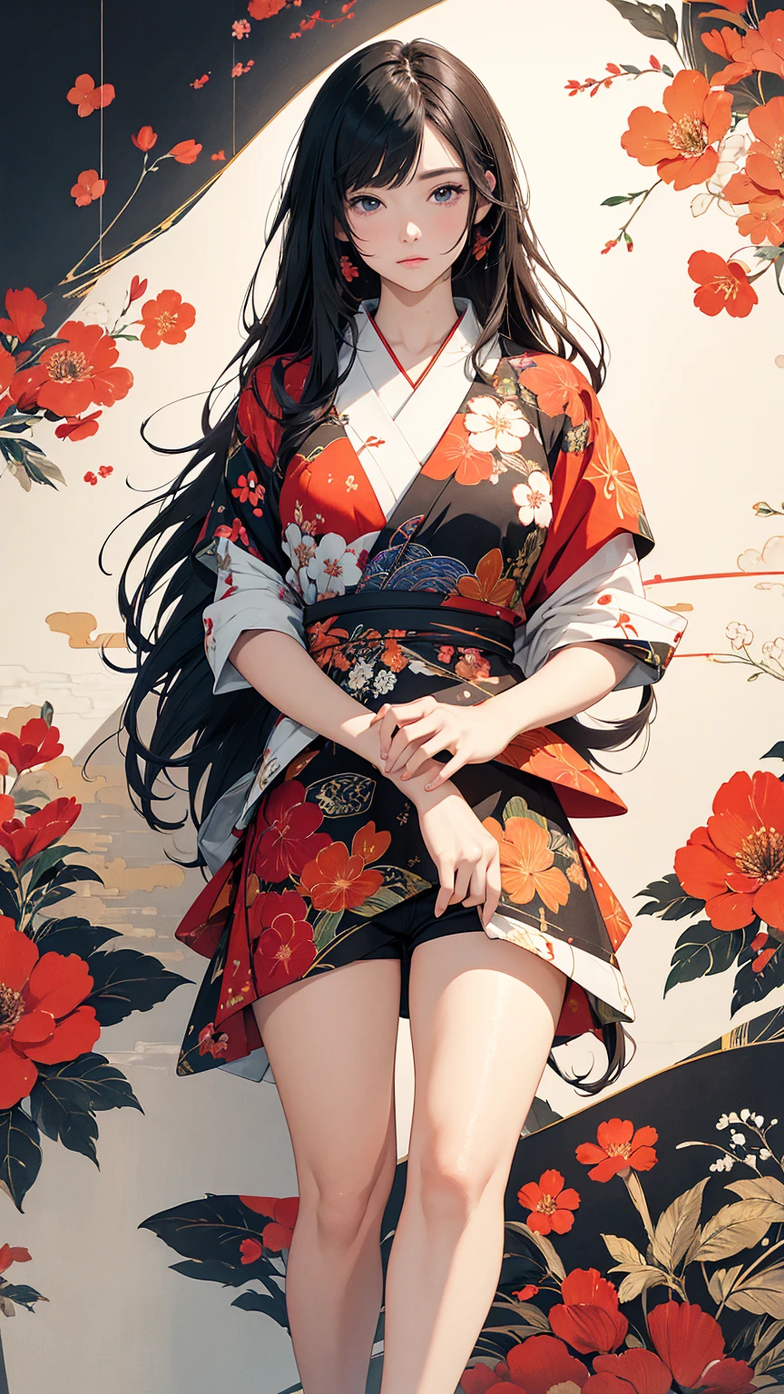 (masterpiece, High resolution, Highest quality), 20-year-old woman, Wide cuffs to cover the hands, Coordination of Japanese patterned haori and micro mini shorts:1.2, Petal Collage, abstract design, artistic juxtapositions, And handle background, warm color, mixed-media approach, Anime Style, Simple lines, Digital Painting, 