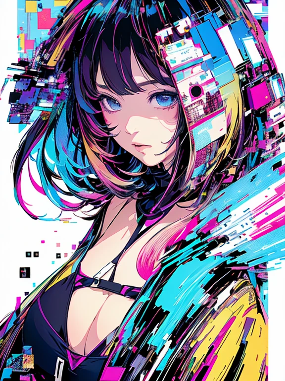 (masterpiece、Highest quality、Highest quality、Official Art、beautifully、beautiful:1.2、(One Girl:1.3)、Glitch Art、(Digital Distortion)、Pixelated Fragments、Data Corruption、Colorful Noise、visual confusion、Contemporary aesthetics、Runaway Light and Electricity、Atmospheric swimsuit、vapor、cigarette、A whirlpool of chaos and madness