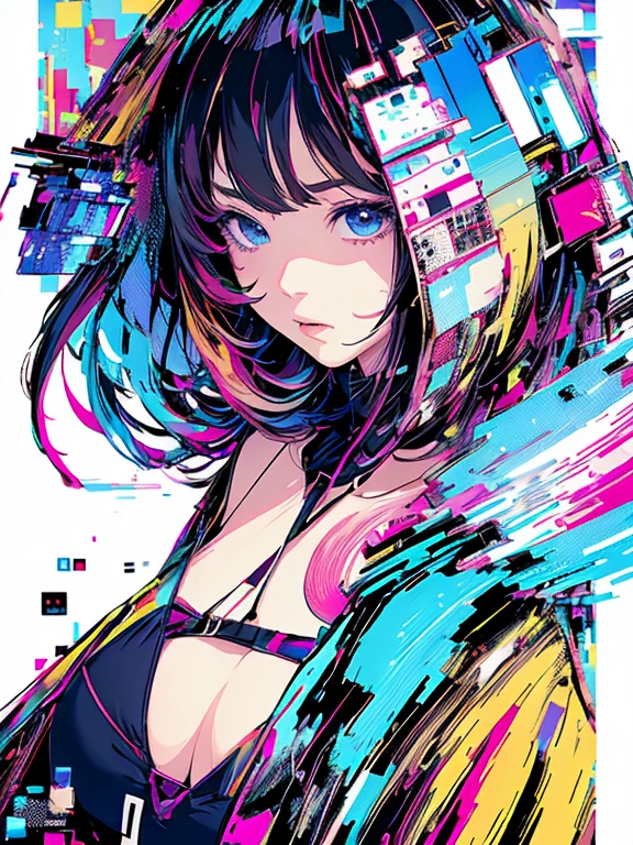 (masterpiece、Highest quality、Highest quality、Official Art、beautifully、beautiful:1.2、(One Girl:1.3)、Glitch Art、(Digital Distortion)、Pixelated Fragments、Data Corruption、Colorful Noise、visual confusion、Contemporary aesthetics、Runaway Light and Electricity、Atmospheric swimsuit、vapor、cigarette、A whirlpool of chaos and madness