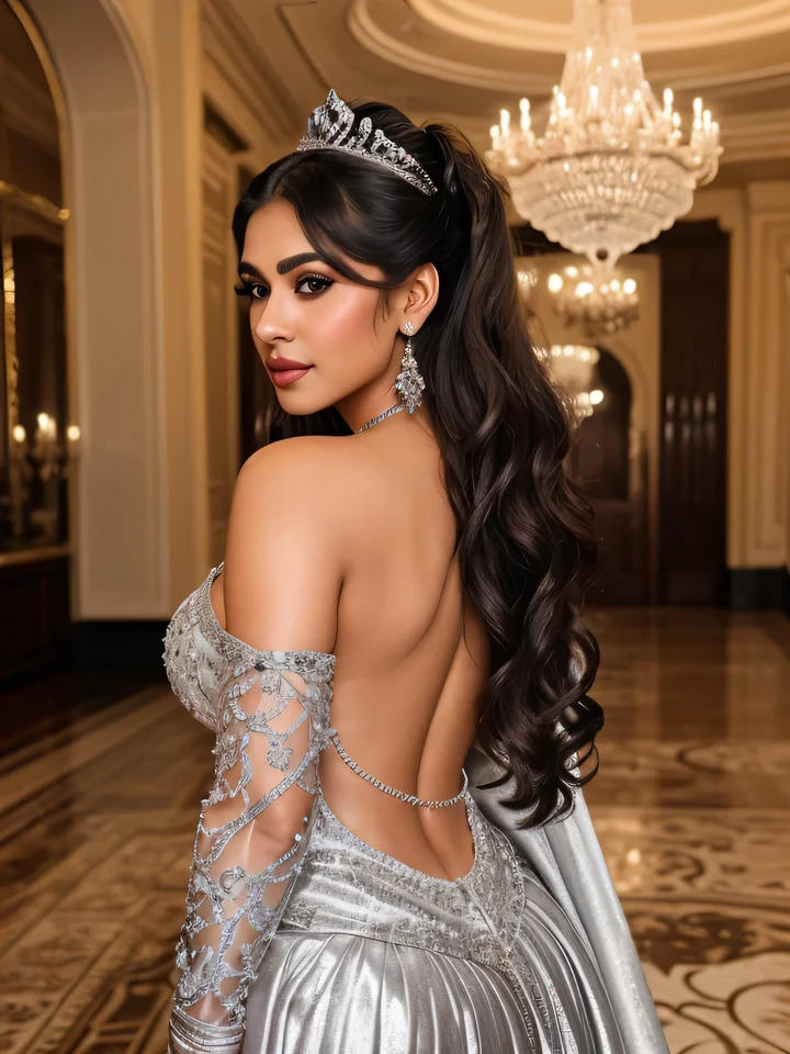 Create an ultra-realistic image of a modern, attractive female influencer of Indian descent, aged between 27 to 30. She should have a warm and inviting smile, expressive almond-shaped eyes with a slight shimmer, and clear, glowing skin with a medium brown complexion. Her features should be well-defined, with high cheekbones and a sharp jawline. Her hair should be styled in an elegant updo with a tiara, and it should be a messy bun. She should have a slender yet curvaceous build, reflecting a healthy and active lifestyle.
She is wearing a fairytale-like ball gown in silver and white lace with a voluminous skirt, adorned with extensive heavy beadwork, intricate embroidery, and a sweetheart neckline. The gown is meticulously decorated with shimmering silver crystals and pearls, creating a breathtaking, luxurious effect. Her bust size should be notably prominent, and her overall figure should highlight a voluptuous shape. Her butt size should also be enhanced to complement her curvaceous appearance.
The background features a grand palace ballroom with crystal chandeliers and lavish decor, adding to the luxurious ambiance. Her overall appearance should exude elegance and sophistication, capturing the essence of a contemporary Indian fashion influencer at a high-class event.