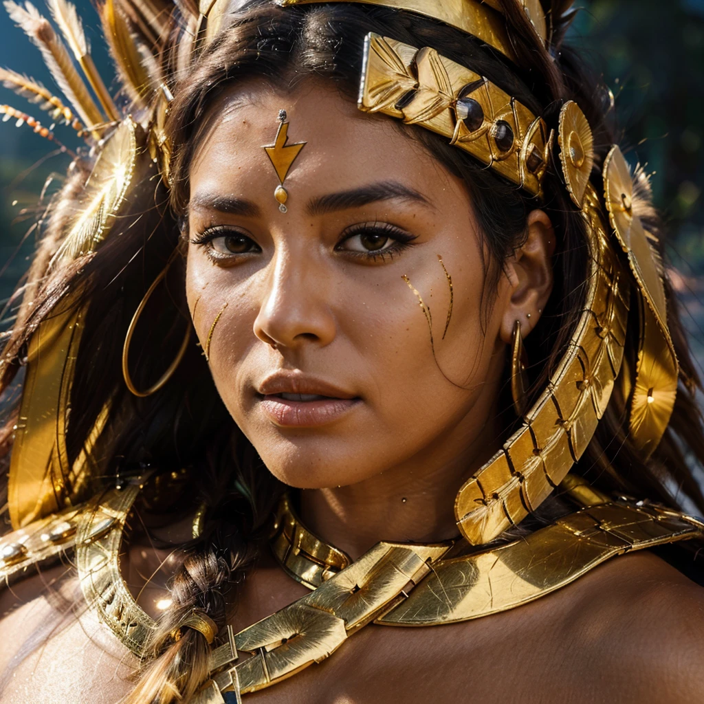 mujer indigenous queen colombiana, posing in profile. indigenous traits. with gold headdress and tribal paint on his face and body. and gold metal accessories. golden temple. indigenous queen. full body. hyper realism. 8k. Photography, hyper realism. k. Photography (masterpiece, Super detail, High detail, Best Quality, 8k, lightning