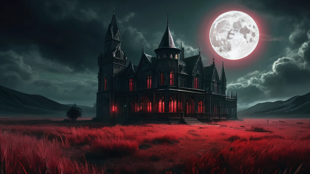 "A towering mansion, no lights in it almost cathedral-like in its grandeur, stands isolated in a wild grass field under the eerie light of a blood-red moon. The mansion’s gothic spires and intricate stonework cast long, ominous shadows over the swaying grass. Dark clouds swirl around the crimson moon, adding to the foreboding atmosphere. The wild grass, untamed and overgrown, rustles in the cold night breeze, while the mansion’s windows, dark and uninviting, seem to watch over the desolate landscape, creating a chilling sense of dark medieval fantasy.