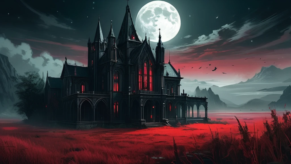 "A towering mansion, no lights in it almost cathedral-like in its grandeur, stands isolated in a wild grass field under the eerie light of a blood-red moon. The mansion’s gothic spires and intricate stonework cast long, ominous shadows over the swaying grass. Dark clouds swirl around the crimson moon, adding to the foreboding atmosphere. The wild grass, untamed and overgrown, rustles in the cold night breeze, while the mansion’s windows, dark and uninviting, seem to watch over the desolate landscape, creating a chilling sense of dark medieval fantasy.