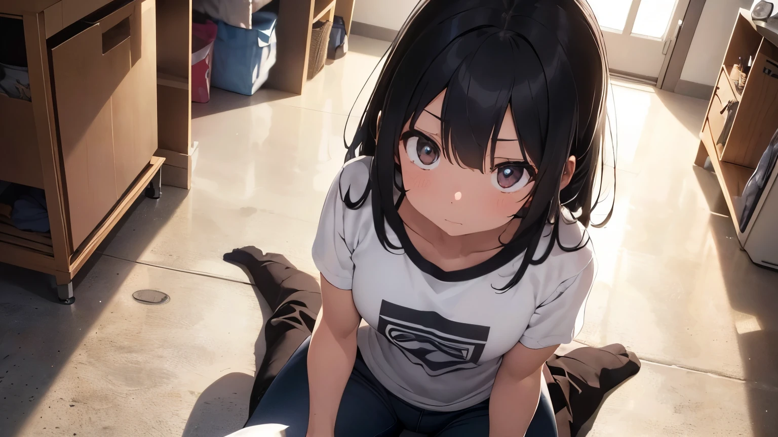 (HD, High Definition, 4k) An 18 year old girl (sitting on the floor), long black fur, Brown eyes, surprised and ashamed hidden in the dressing rooms, near the locker room, He wears a white t-shirt and blue pants. (she is looking at a penis near her face) (a penis near his face) (you are looking at them from above)