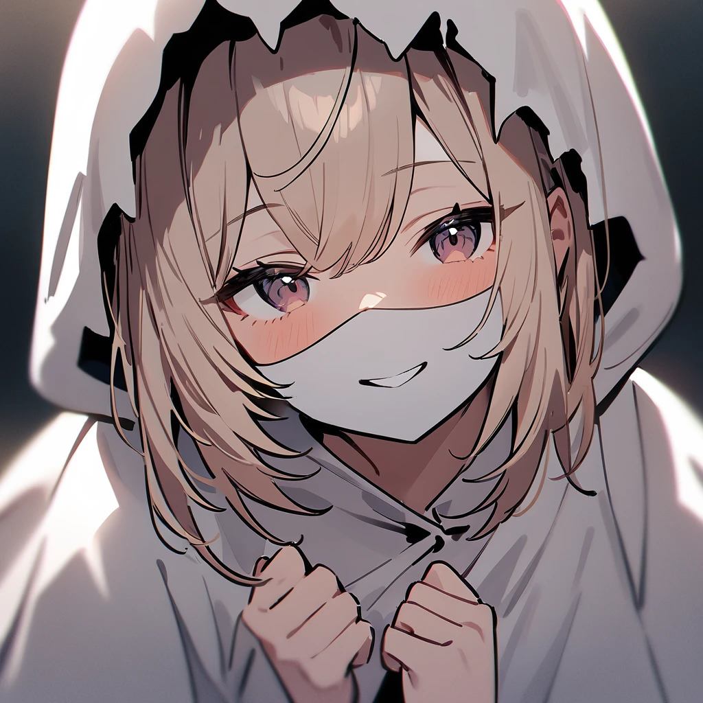 1 girl,dark eyes,Smile,light hair,masterpiece, best quality, very,(High lightness),(High Saturation),(ghost costume),(Covered face)