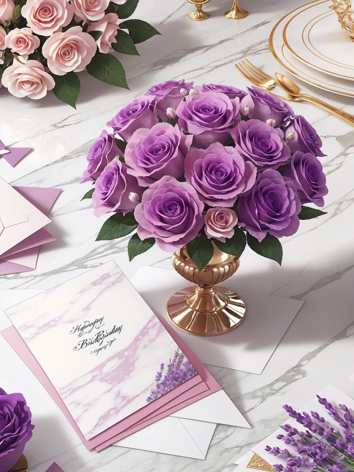 A happy birthday card design; Peach and lavender rose flowers; a crystal vase; marble tabletop; intricately detailed; exquisite design; Inspired by Italian fashion; Award winning graphic design; Fashion photography; 8k; masterpiece