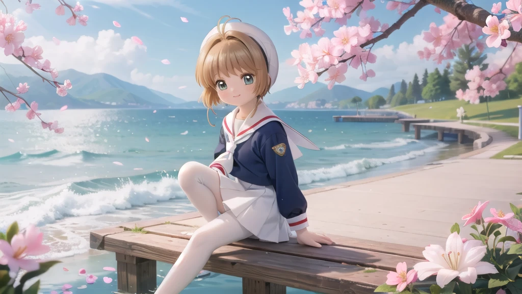 (masterpiece),  Outdoor,  cherry blossoms,  petal,  sunlight,  lake,  One Girl,  blush,  smile,  Medium Hair,  Sailor suit,Long skirt, Overgrown, petal, plant、Skirt lining、White slip、nostalgic、pantyhose（gray）、You can see the sea in the distance, Crotch close-up