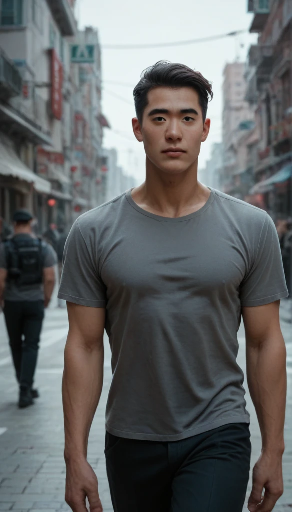 A handsome ager asian man, comma hair style, grey shirt, militarry necklage, ransel on his right shoulder, city, crowded, walking, cool face, vneck, Shirt's arms are folded up to the elbows