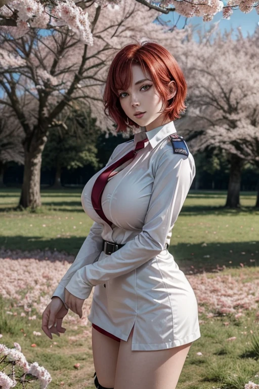 A short red haired Heterochromia anime girl with big breasts wearing a sexy police outfit in a field full of trees and cherry trees 