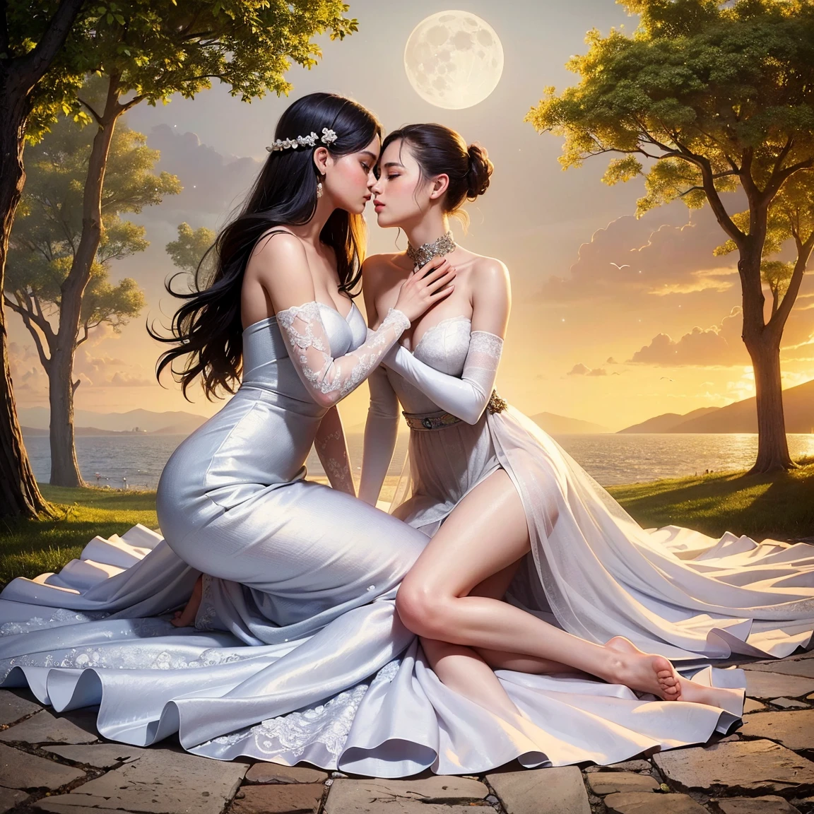 (masterpiece, highest quality, official art, beauty and aesthetic:1.5), two women is deeply in love with each other, kiss, romantic atmosphere, flower and moon, magnificent panorama view