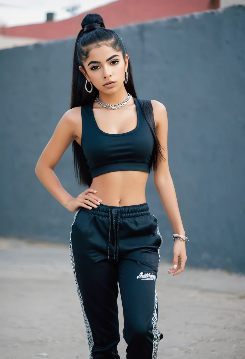 girl, mexican,slim build, Height 1.69 meters, with hip hop clothes, beauty, with a somewhat voluminous body.