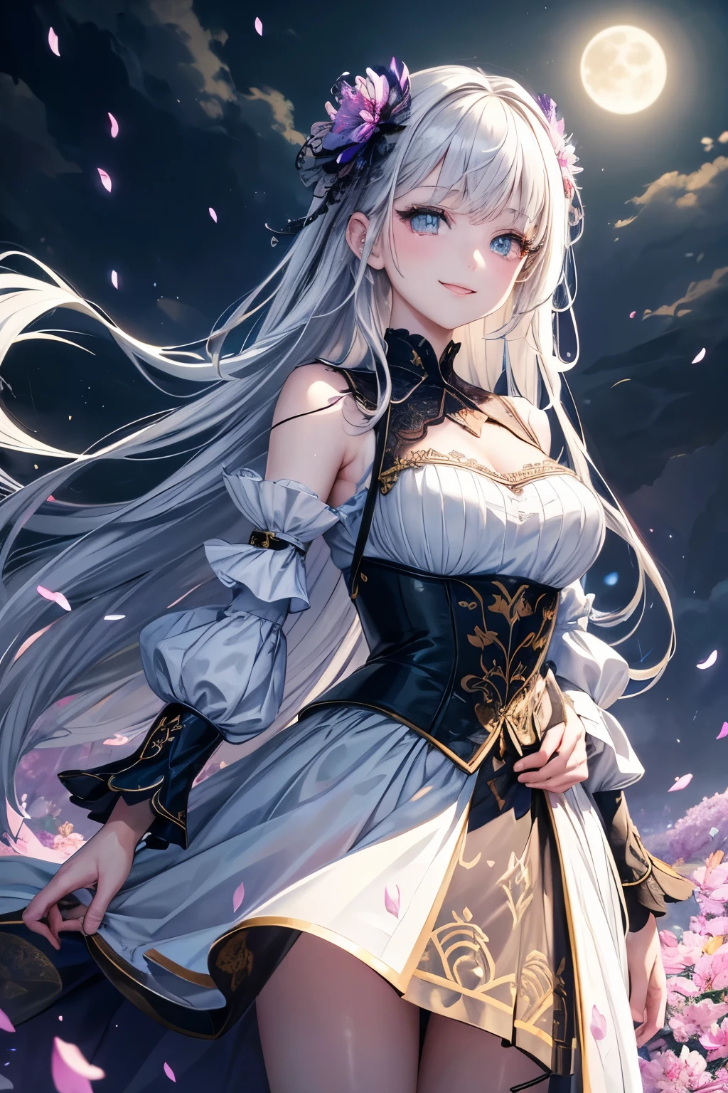 masterpiece, best quality, 1girl, (colorful),(delicate eyes and face), volumatic light, ray tracing, bust shot ,extremely detailed CG unity 8k wallpaper,solo,smile,intricate skirt,((flying petal)),(Flowery meadow) sky, cloudy_sky, moonlight, moon, night, (dark theme:1.3), light, fantasy, windy, magic sparks, dark castle,white hair