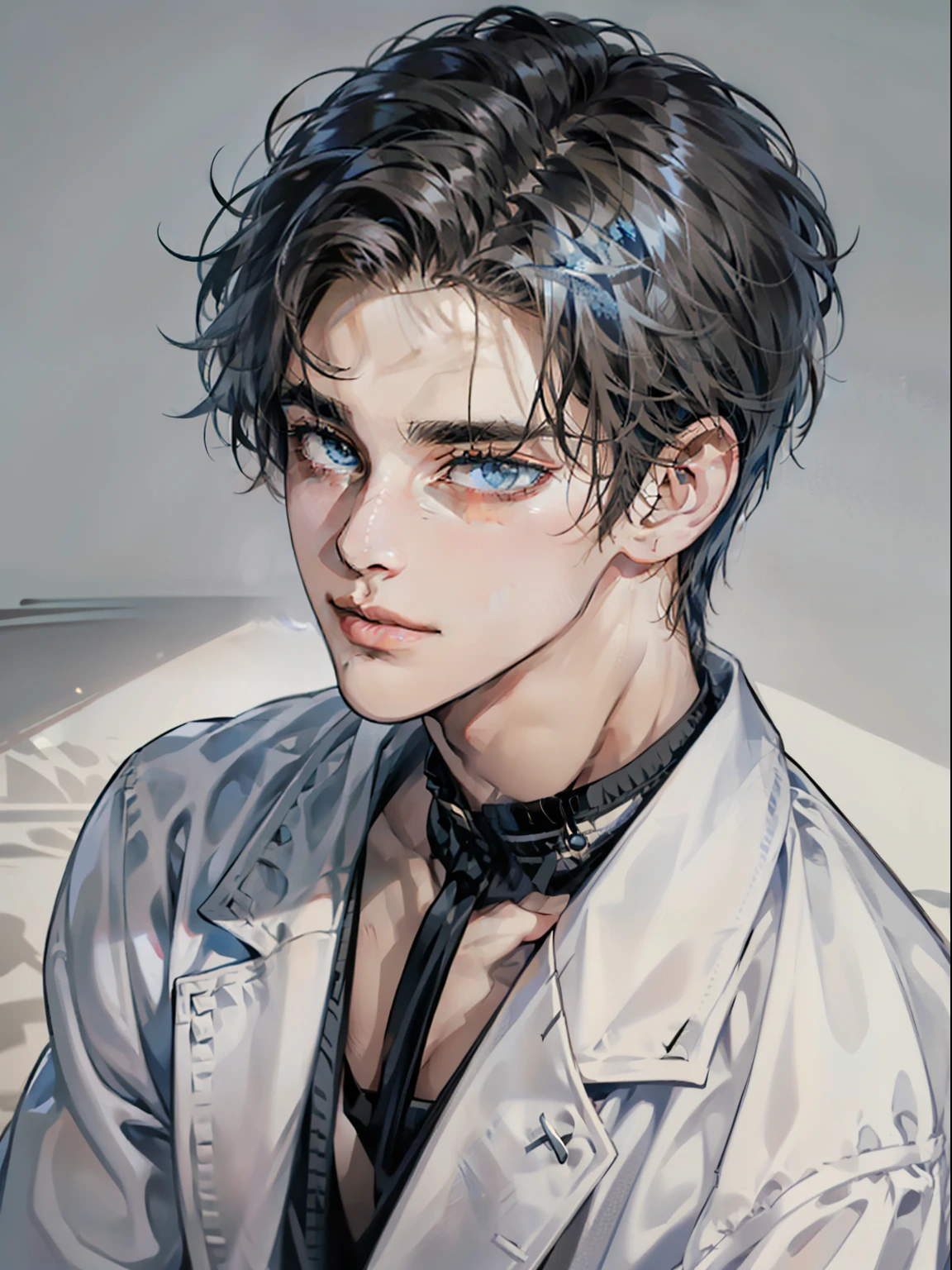 masterpiece, best quality, realistic, 1man, mature male, quiet and charming young man, 41 year old, serious look, closed mouth, portrait, extremely detailed face, cold smile, ((dark grey blue eyes)), ((short-right-swept dark white hair)), [thick eyebrows], ((suit)), handsome, full body, western, Jewish, light brown skin,