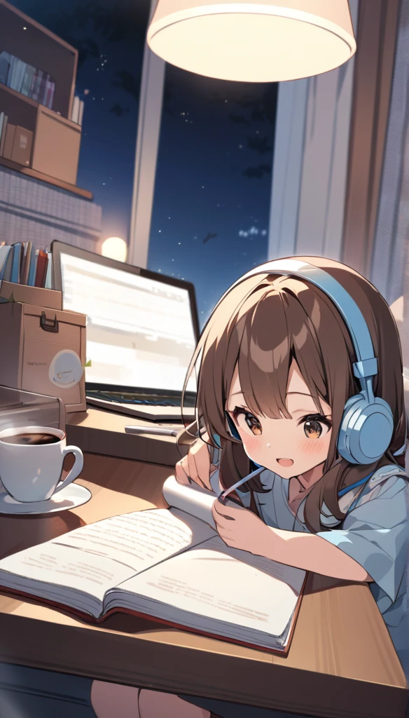 night、Cute brown haired girl with headphones、Studying with a notebook open in my cute room。There is coffee on the desk。Desk is cluttered、Angle that allows you to see the entire desk.