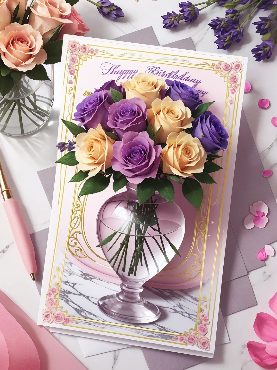 A happy birthday card design; Peach and lavender rose flowers; a crystal vase; marble tabletop; intricately detailed; exquisite design; Inspired by Italian fashion; Award winning graphic design; Fashion photography; 8k; masterpiece