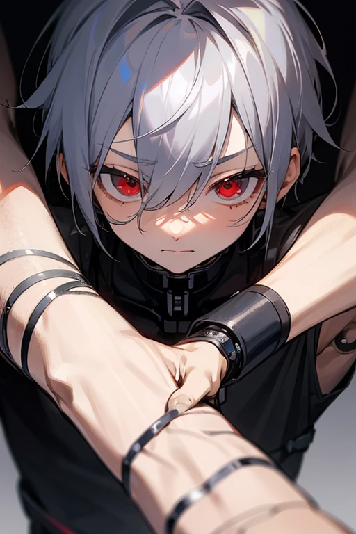 A boy around 7 years old with silver hair and red eyes, Shota, Cyborg, Shy face