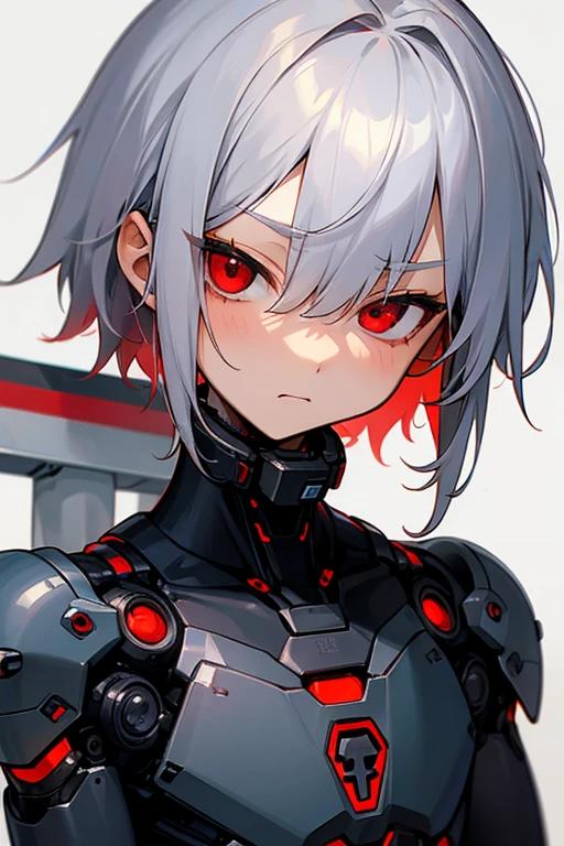 A boy around 7 years old with silver hair and red eyes, Shota, Cyborg, Shy face